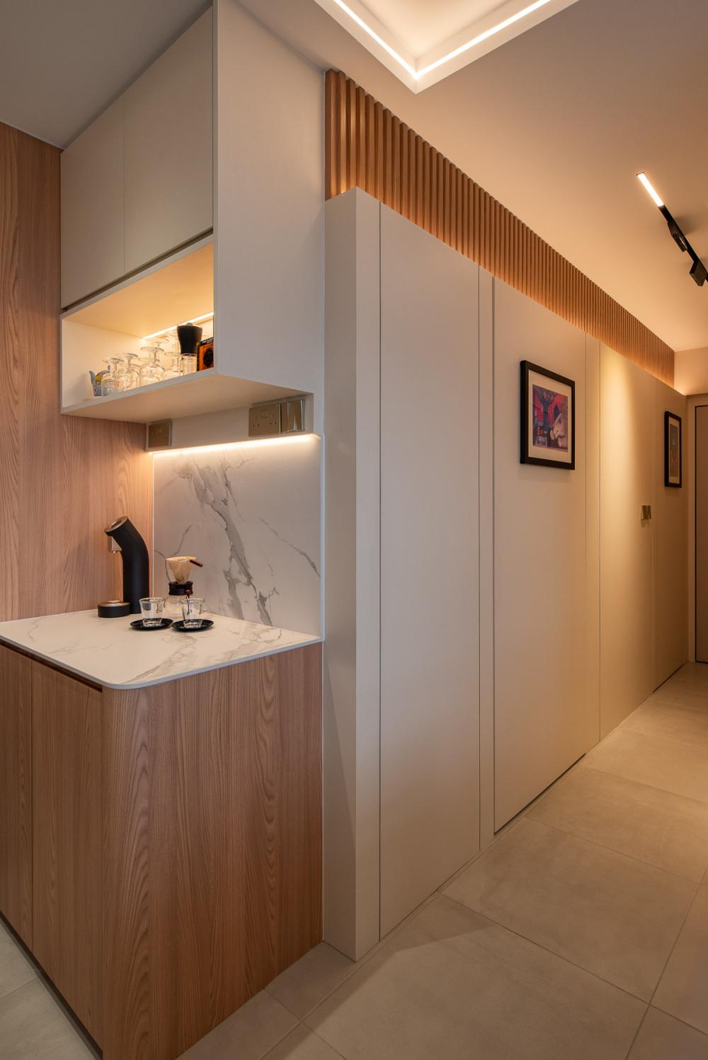 Scandinavian Living Room with Countertop and Homogeneous Tiles