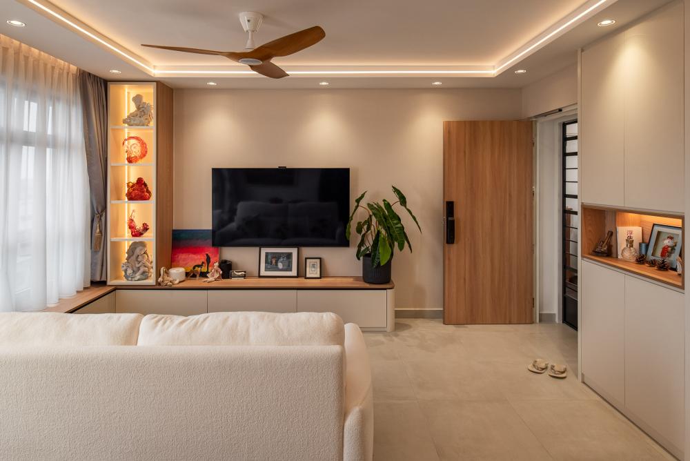 Scandinavian Living Room with TV Console and Feature Wall