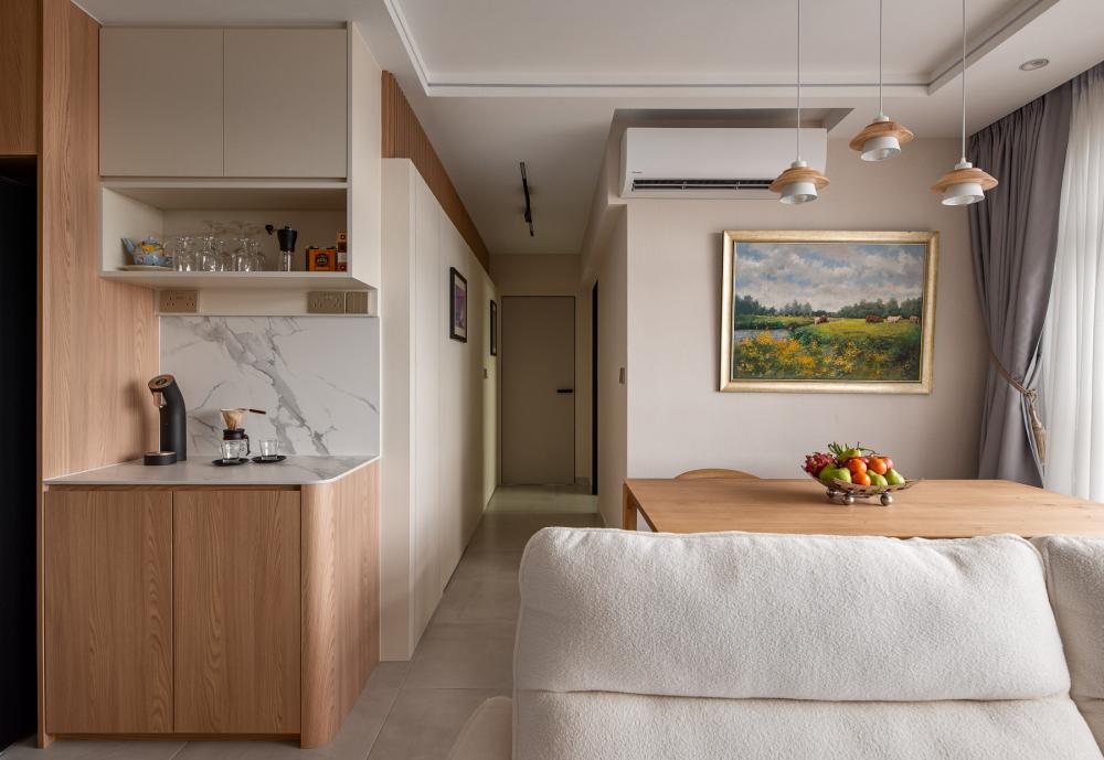 Scandinavian Living Room with Homogeneous Tiles and Feature Wall