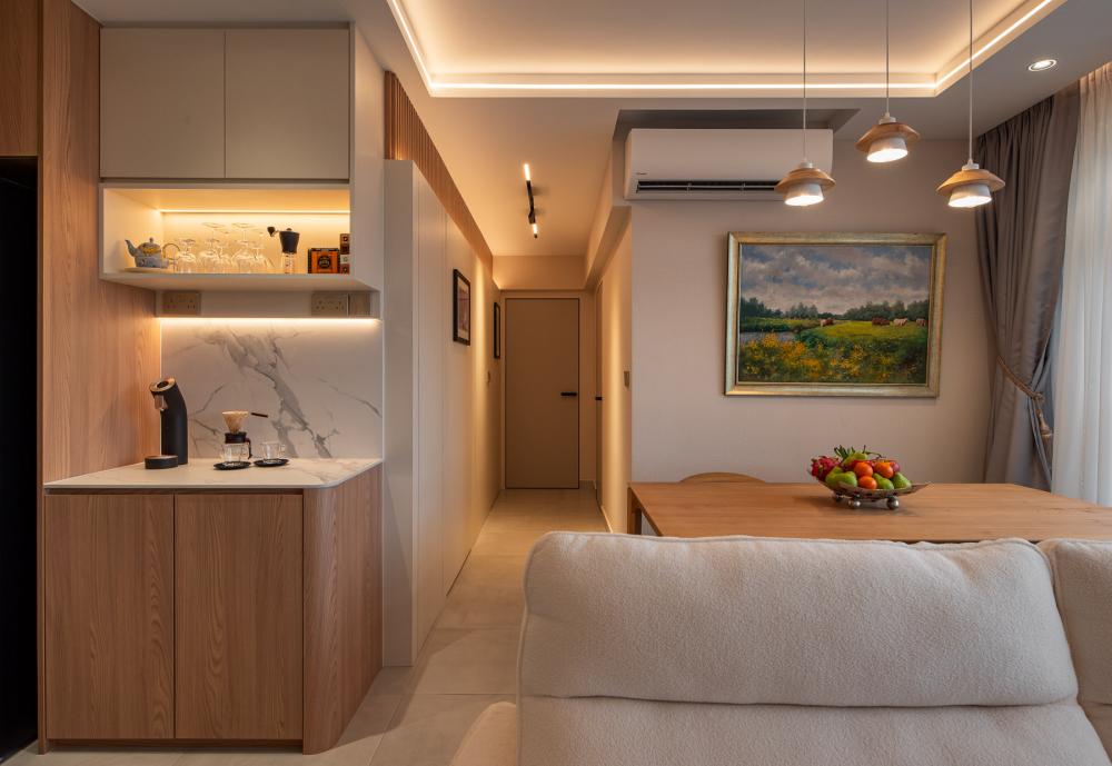 Scandinavian Living Room with Countertop and Feature Wall