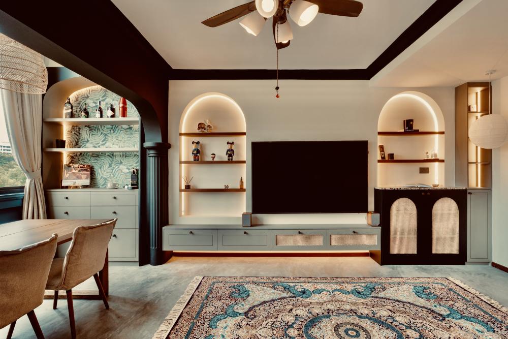 Vintage Living Room with Bookshelf and Cement Floor