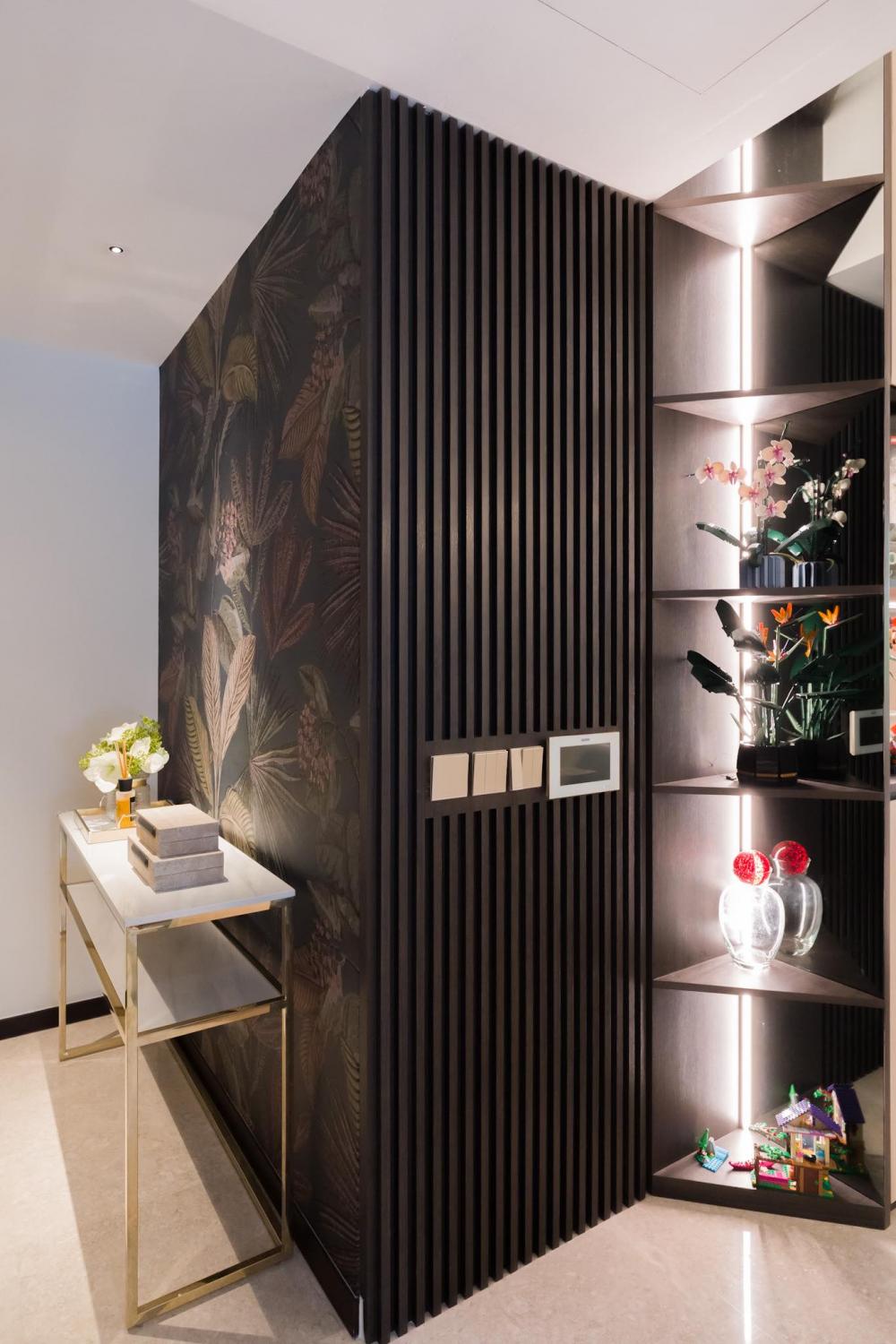 Modern Home Theatre with TV Console and Wallpaper