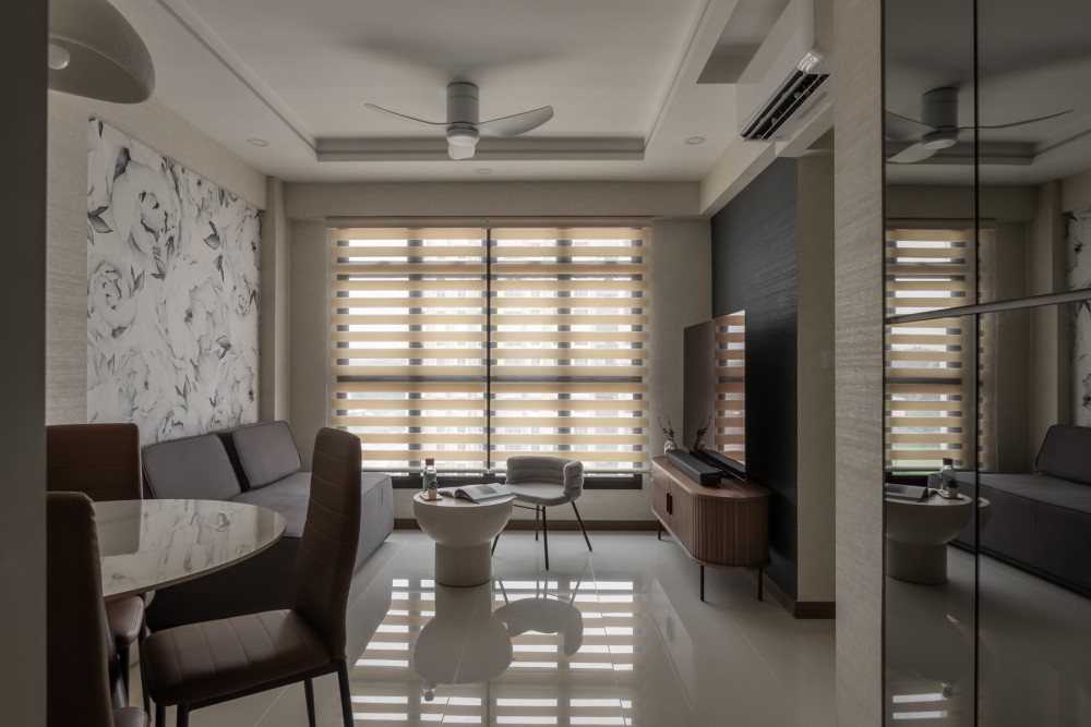 Contemporary Living Room with Feature Wall and Ceiling Fan