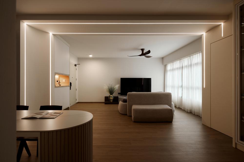 Modern Living Room with Wood Flooring and Open Storage