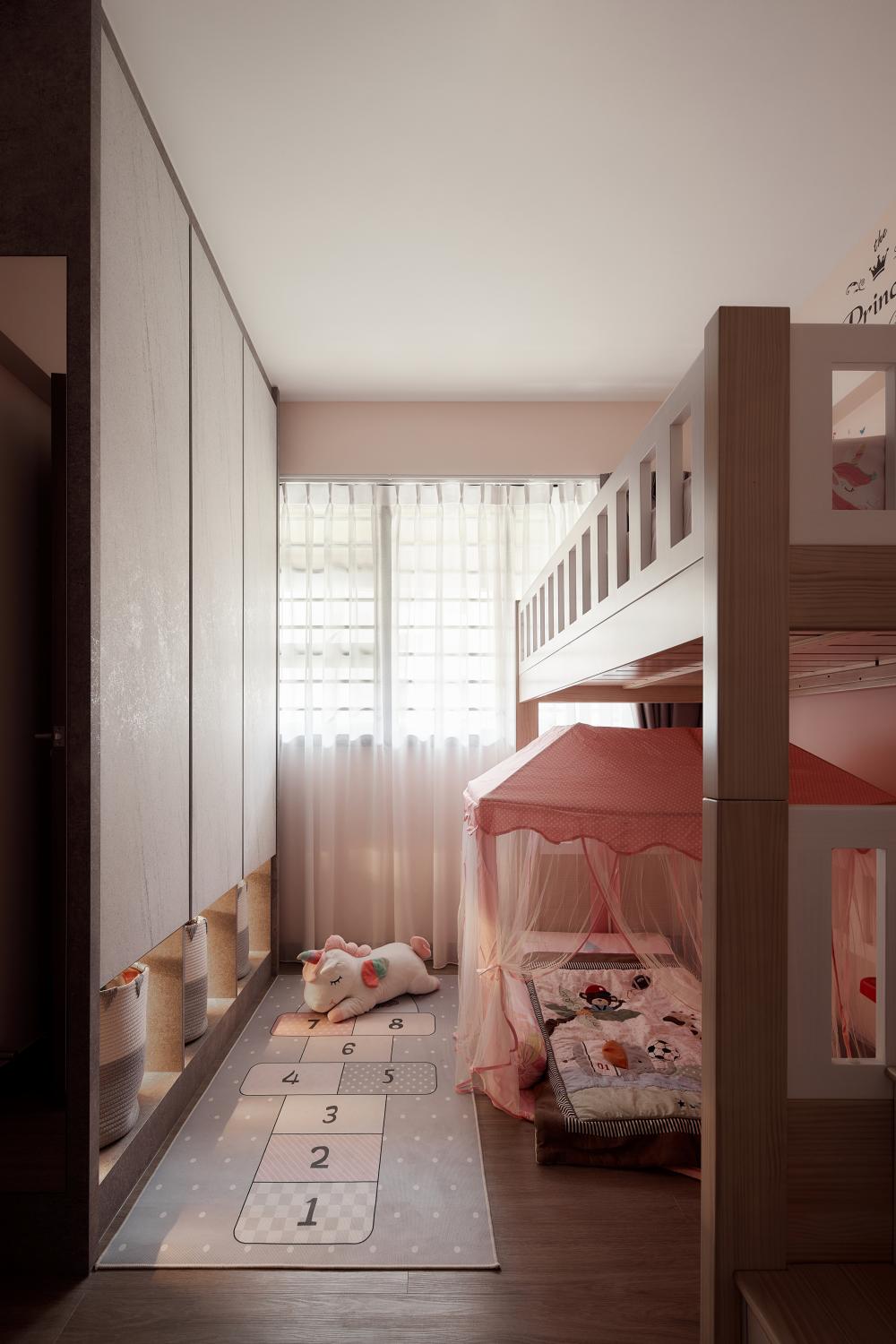 Scandinavian Kids Room with Platform Bed and Children's Storage