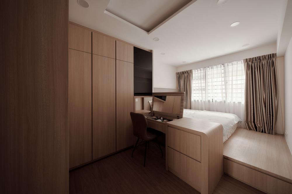 Scandinavian Bedroom with Platform Bed and Wood Flooring