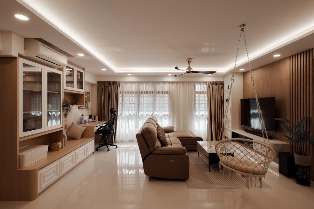 Scandinavian Living Room with Bookshelf and Marble Floor