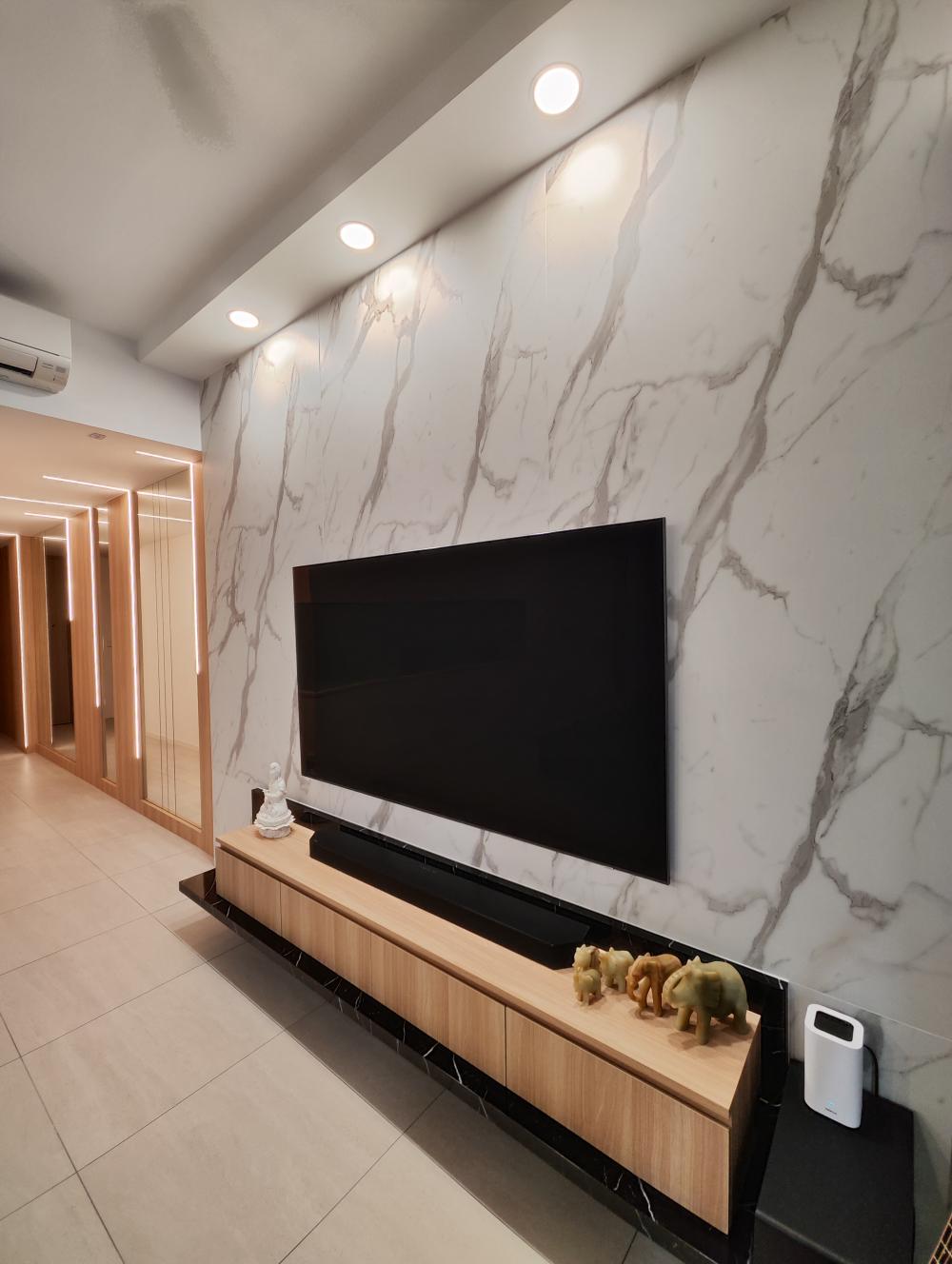 Contemporary Living Room with Homogeneous Tiles and TV Console