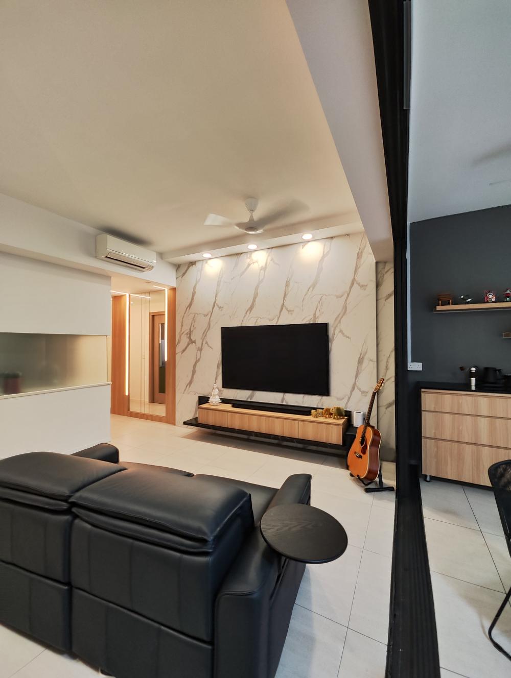 Contemporary Living Room with Homogeneous Tiles and TV Console