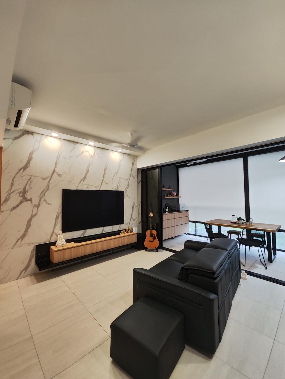 Contemporary Living Room with Homogeneous Tiles and TV Console