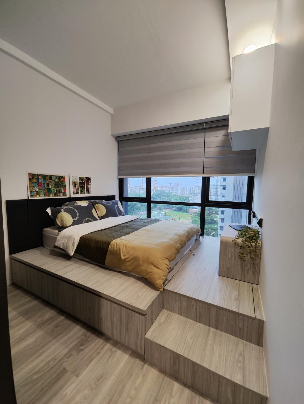 Contemporary Bedroom with Platform Bed and Drop Ceiling
