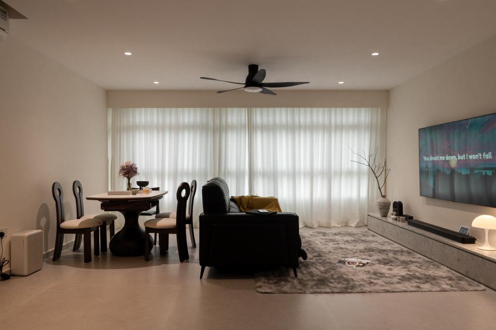 Modern Living Room with TV Console and Bay Window