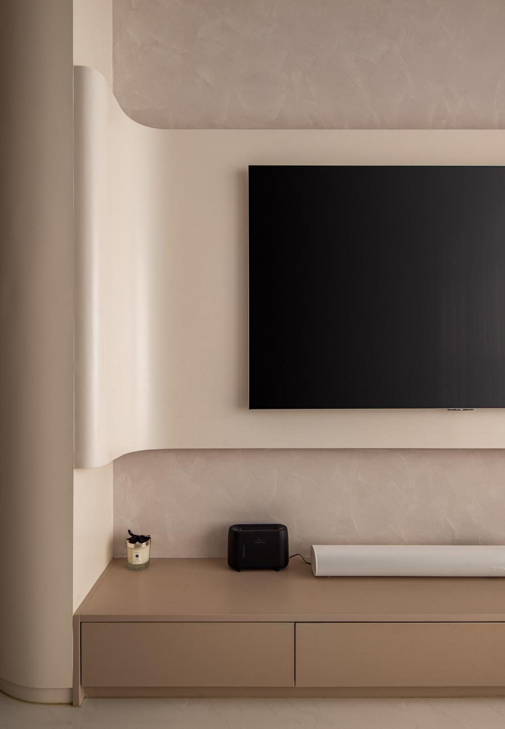 Minimalist Living Room with TV Console and Cove Lighting