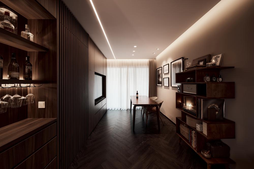Contemporary Living Room with Bookshelf and TV Console