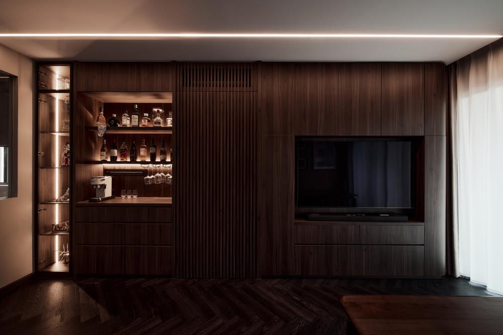 Contemporary Living Room with TV Console and Bar Counter