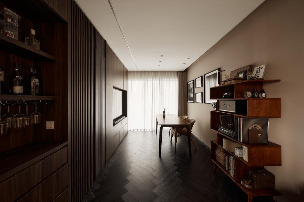 Contemporary Living Room with Bookshelf and TV Console