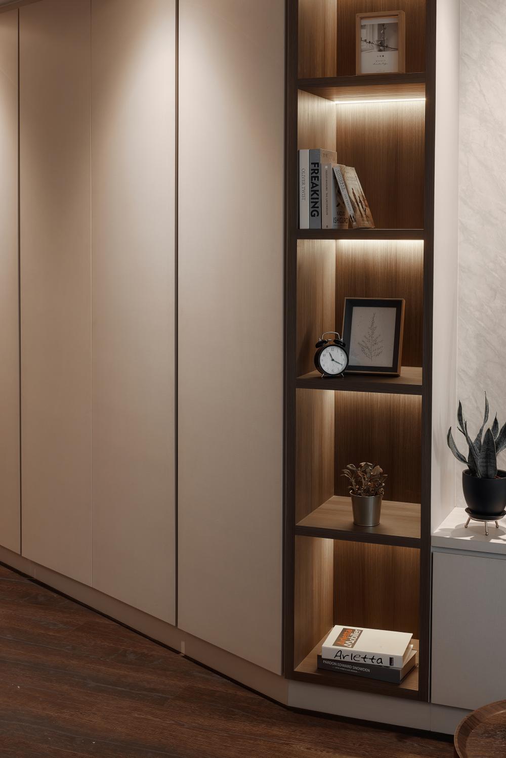 Modern Living Room with Bookshelf and Bar Counter