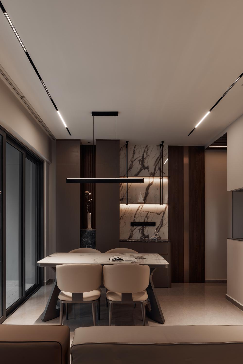 Modern Dining Room with Drop Light and Dining Table