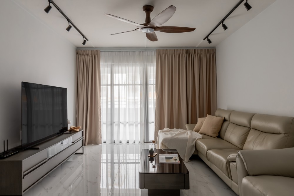 Modern Living Room with TV Console and Ceiling Fan