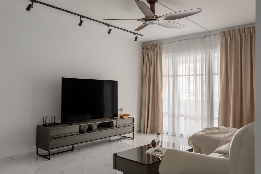 Modern Living Room with TV Console and Ceiling Fan