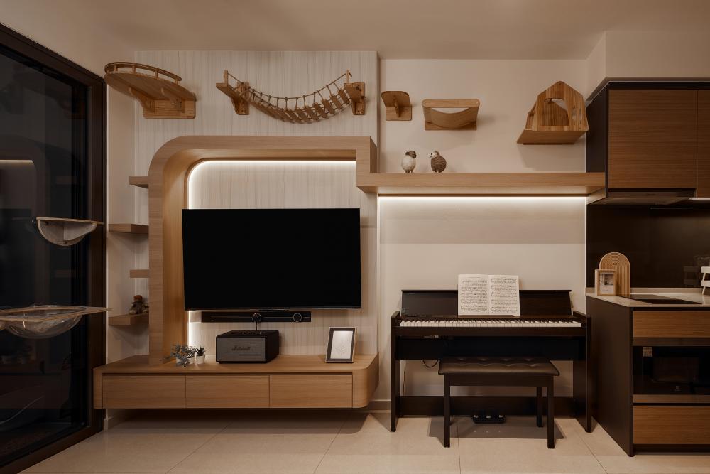 Scandinavian Living Room with TV Console and Feature Wall