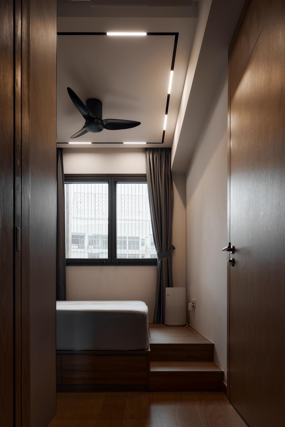 Scandinavian Bedroom with Platform Bed and Ceiling Light