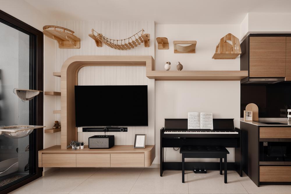 Scandinavian Living Room with TV Console and Feature Wall