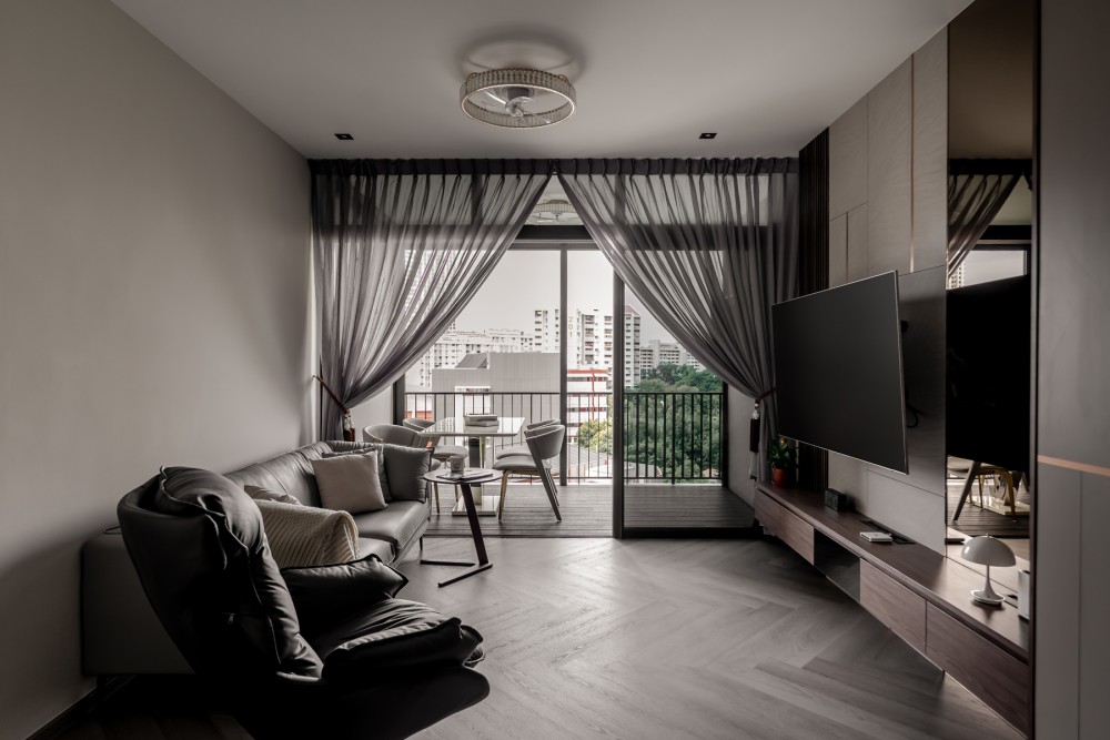 Modern Living Room with Herringbone Tiling and TV Console