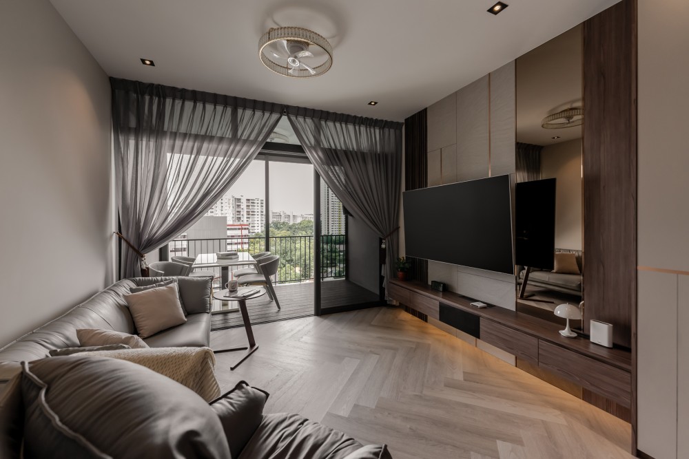 Modern Living Room with Herringbone Tiling and TV Console