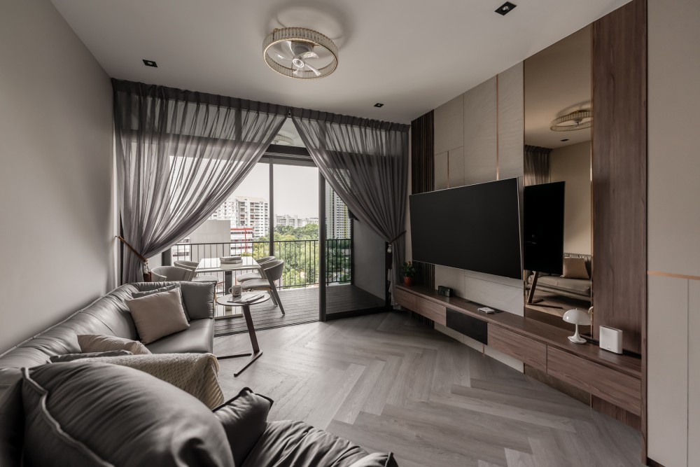 Modern Living Room with Herringbone Tiling and TV Console