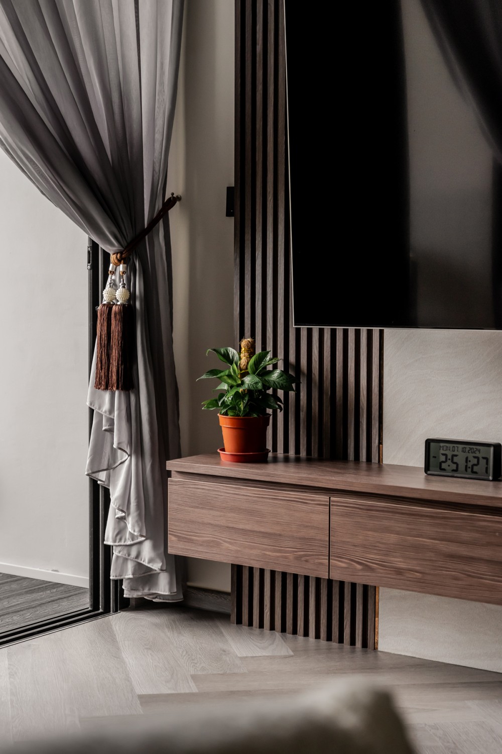 Modern Living Room with Herringbone Tiling and TV Console