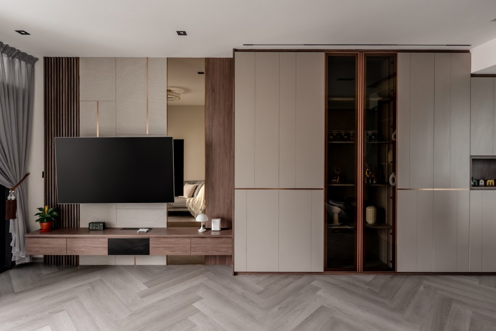 Modern Living Room with Herringbone Tiling and Feature Wall