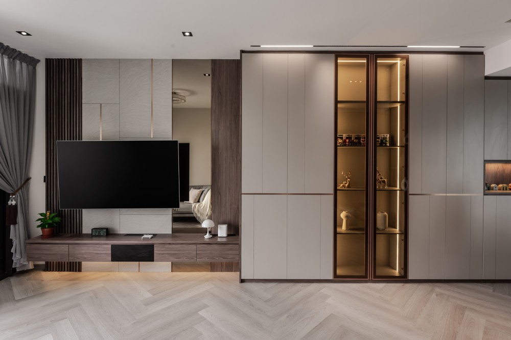 Modern Living Room with Herringbone Tiling and TV Console