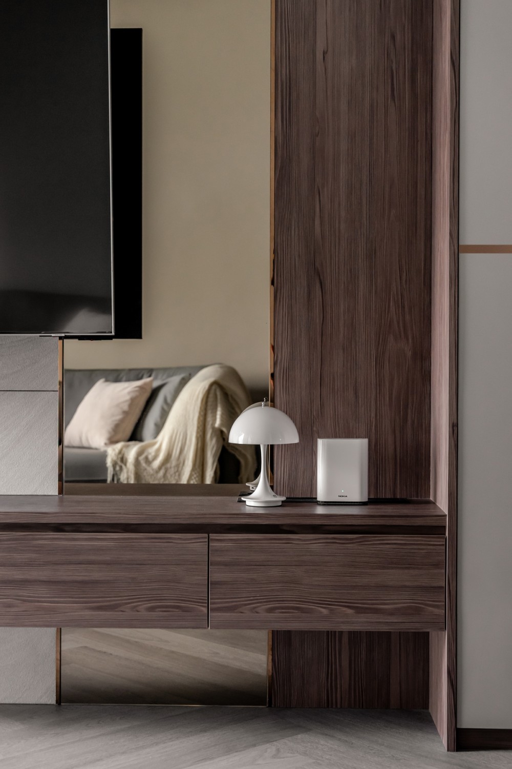Modern Living Room with Herringbone Tiling and TV Console