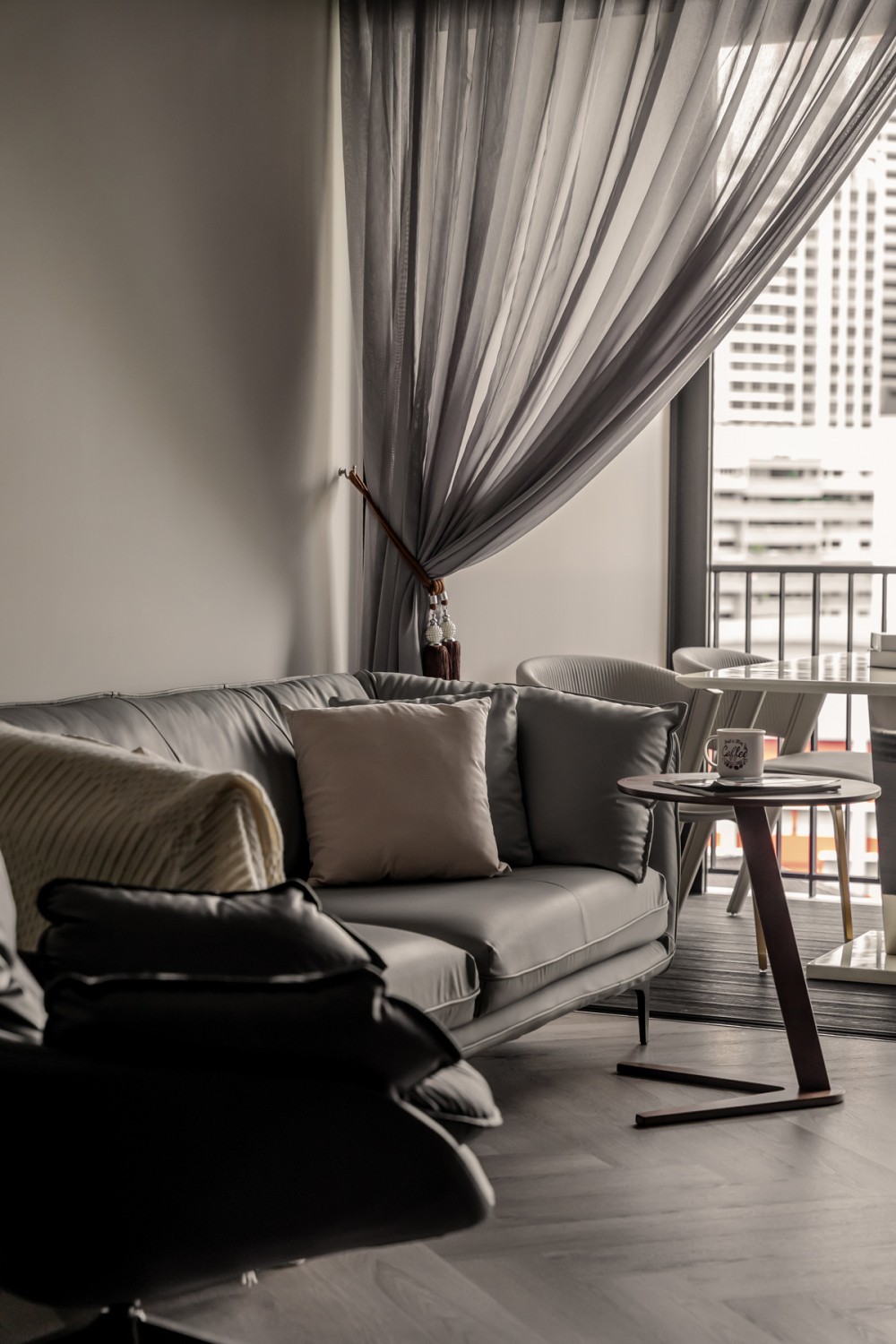Modern Living Room with Herringbone Tiling and Curtain
