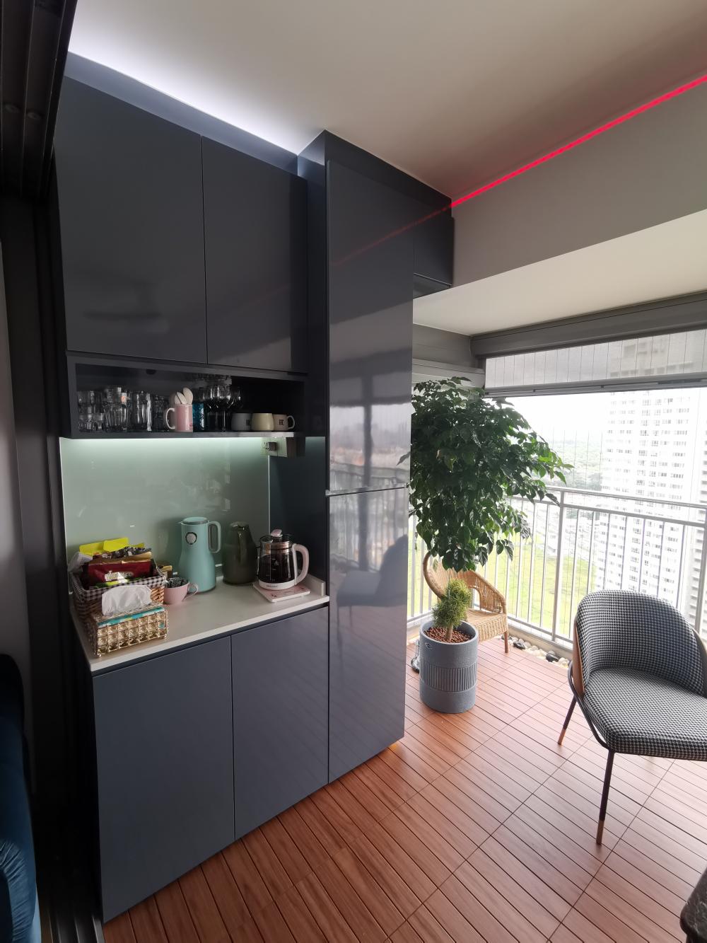 Contemporary Balcony with Curtain and Outdoor Chairs