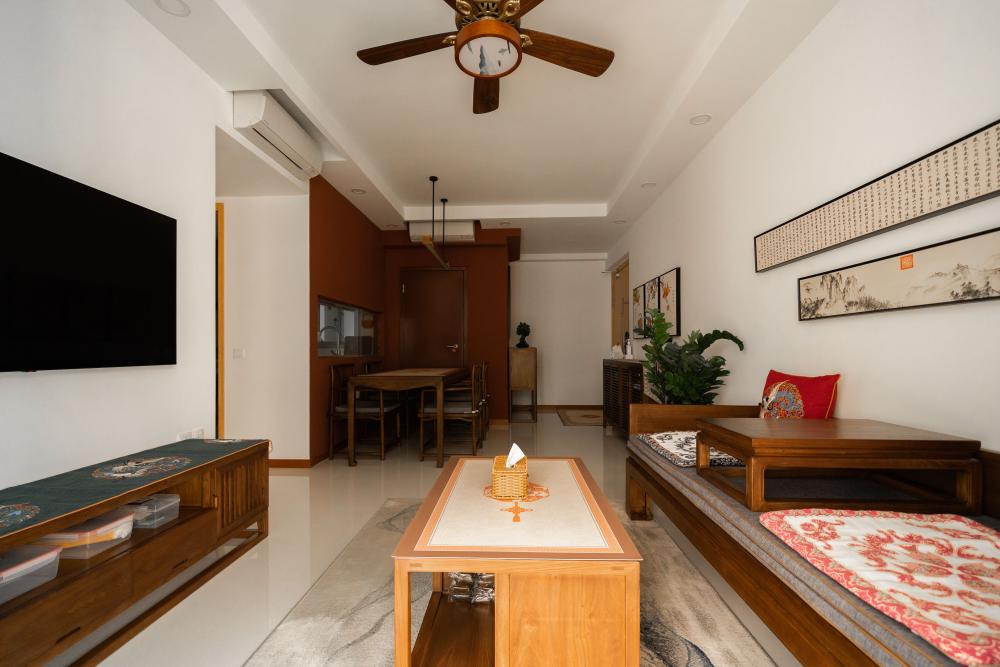 Vintage Living Room with TV Console and Coffee Table