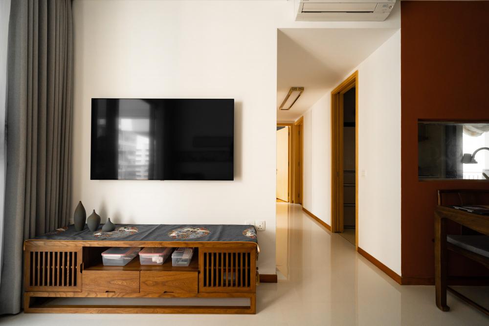 Vintage Living Room with TV Console and Display Cabinets