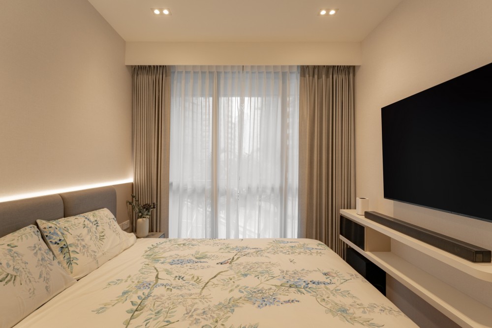 Modern Bedroom with Built-in Bed and Curtain