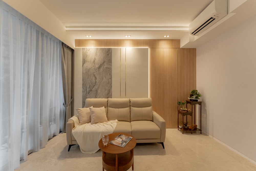 Modern Living Room with Feature Wall and Curtain
