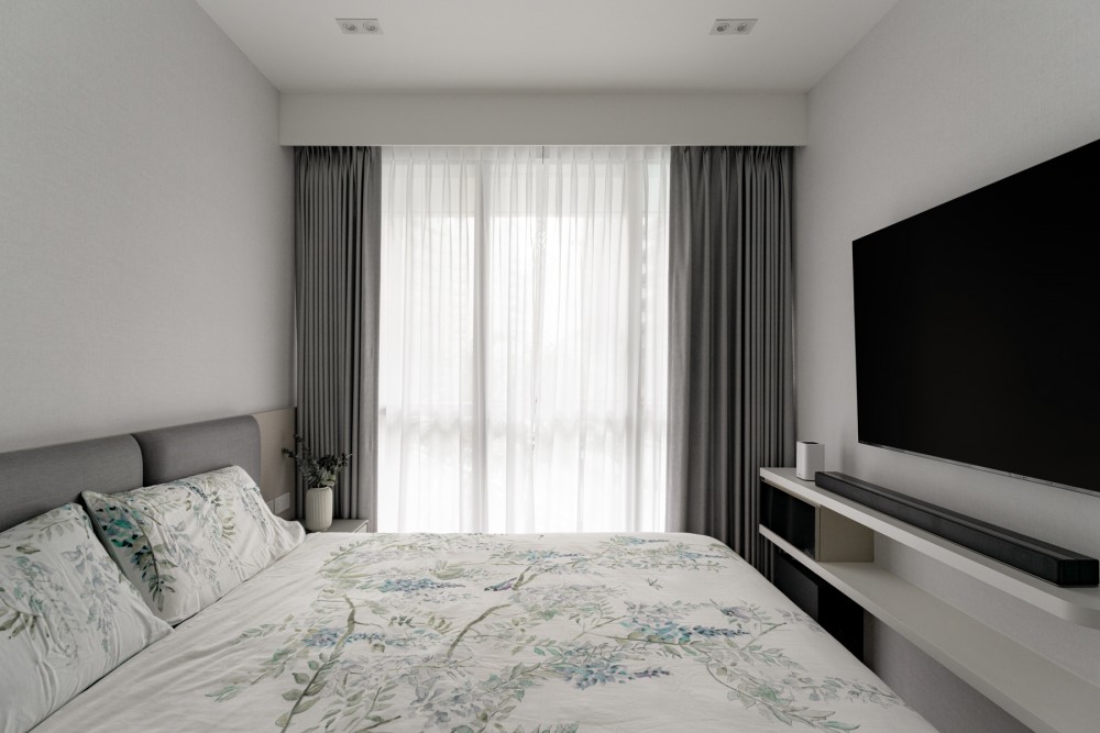 Modern Bedroom with Curtain and Bedside Table