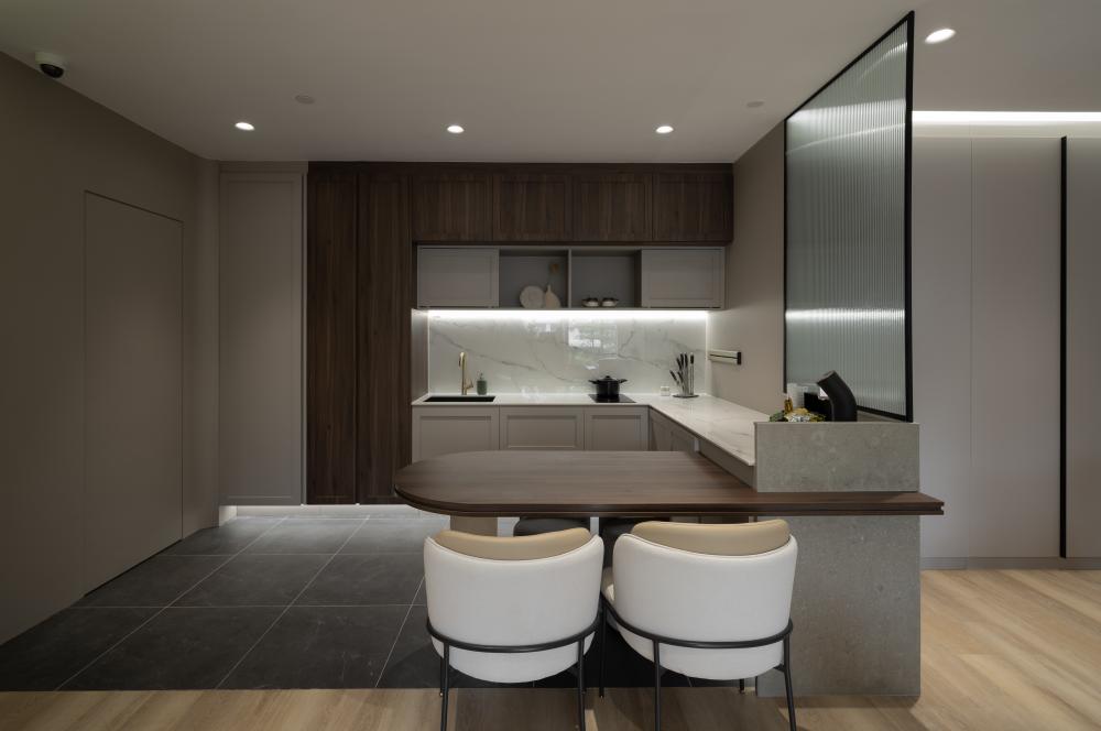 Modern Pantry with Kitchen Island and Console Table