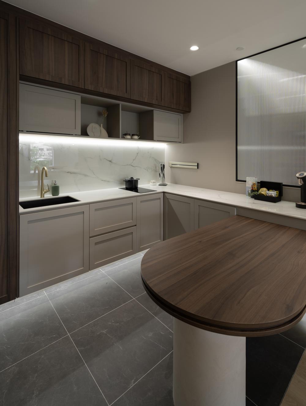 Modern Pantry with Kitchen Island and Console Table