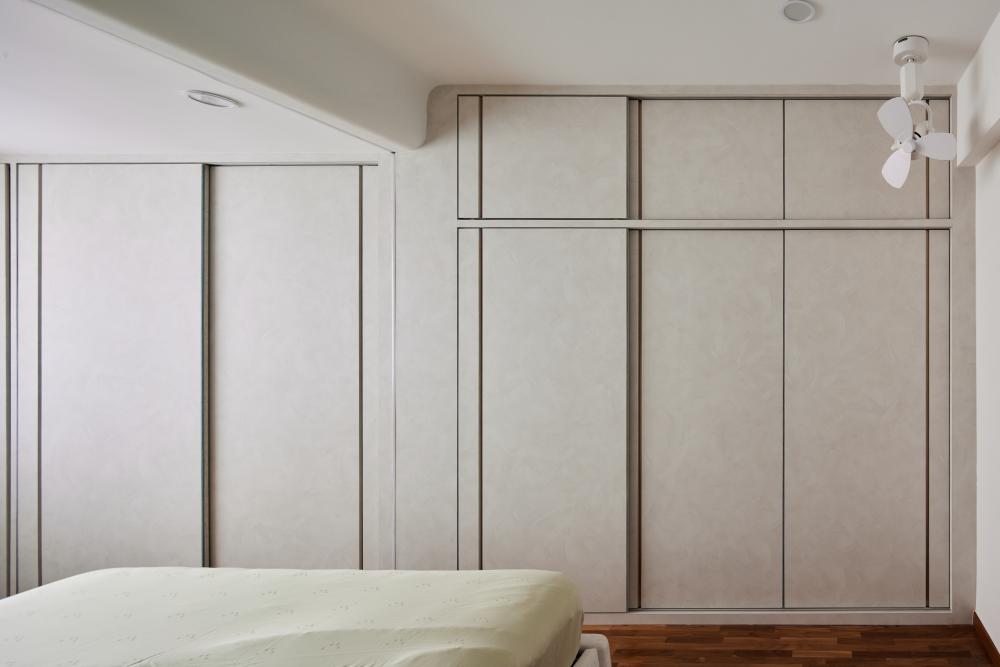 Scandinavian Bedroom with Wood Flooring and Ceiling Light