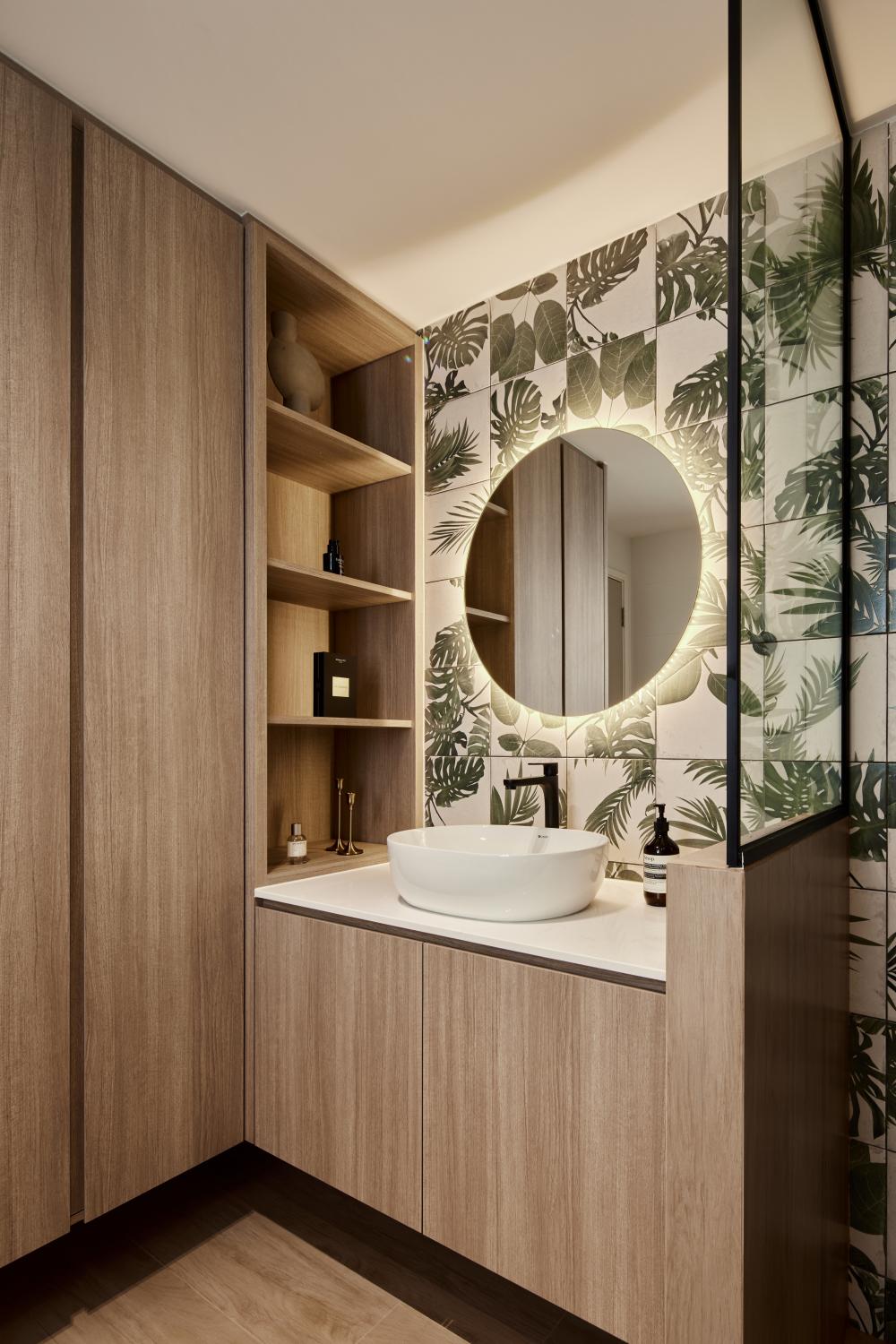 Scandinavian Bathroom with Wood Flooring and Mirror