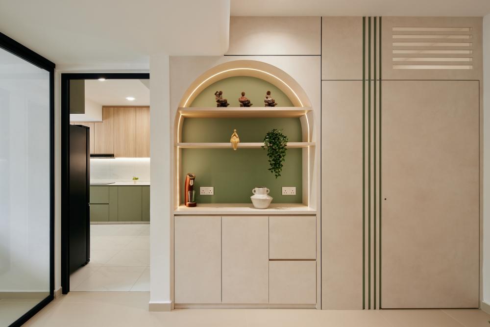 Scandinavian Living Room with Feature Wall and Display Cabinets