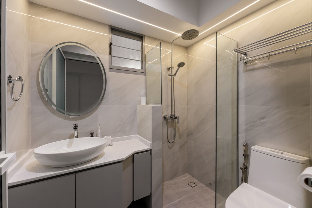 Minimalist Bathroom with Shower Screen and Bathroom Storage