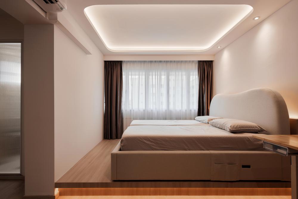 Scandinavian Bedroom with Platform Bed and Ceiling Light