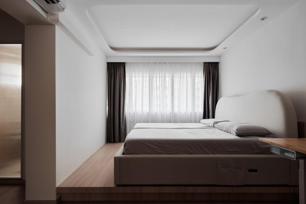 Scandinavian Bedroom with Platform Bed and Ceiling Light