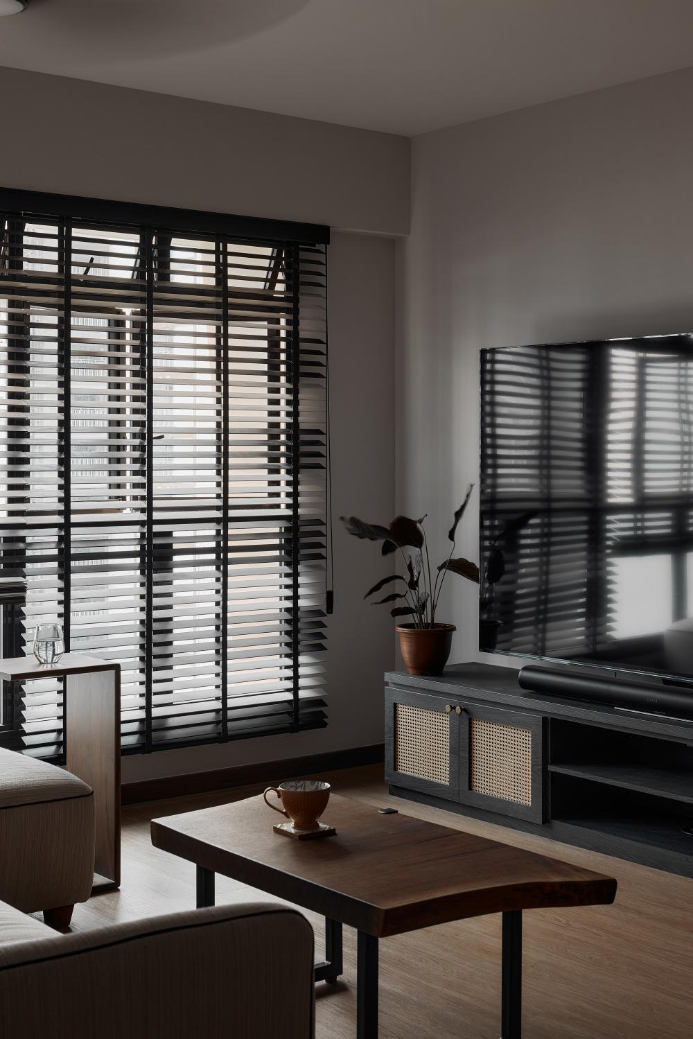 Asian Living Room with TV Console and Roller Blinds